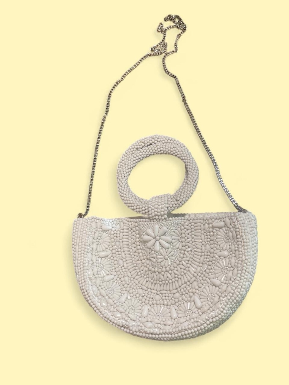 Beaded Half-Moon Crossbody Bag in Cream